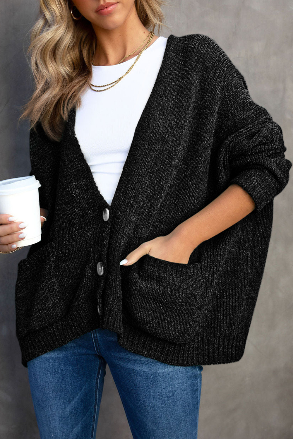 Black Button Front Pocketed Loose Fit Knitted Cardigan