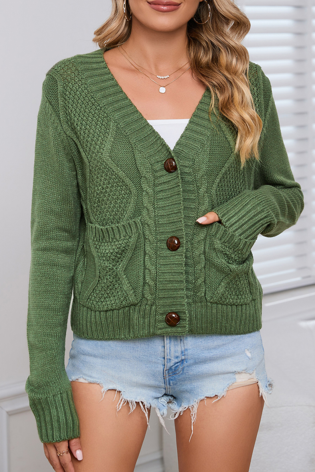 Shewin Wholesale Clothes Suppliers Green Pockets Buttons Textured Cropped SWEATER Cardigan