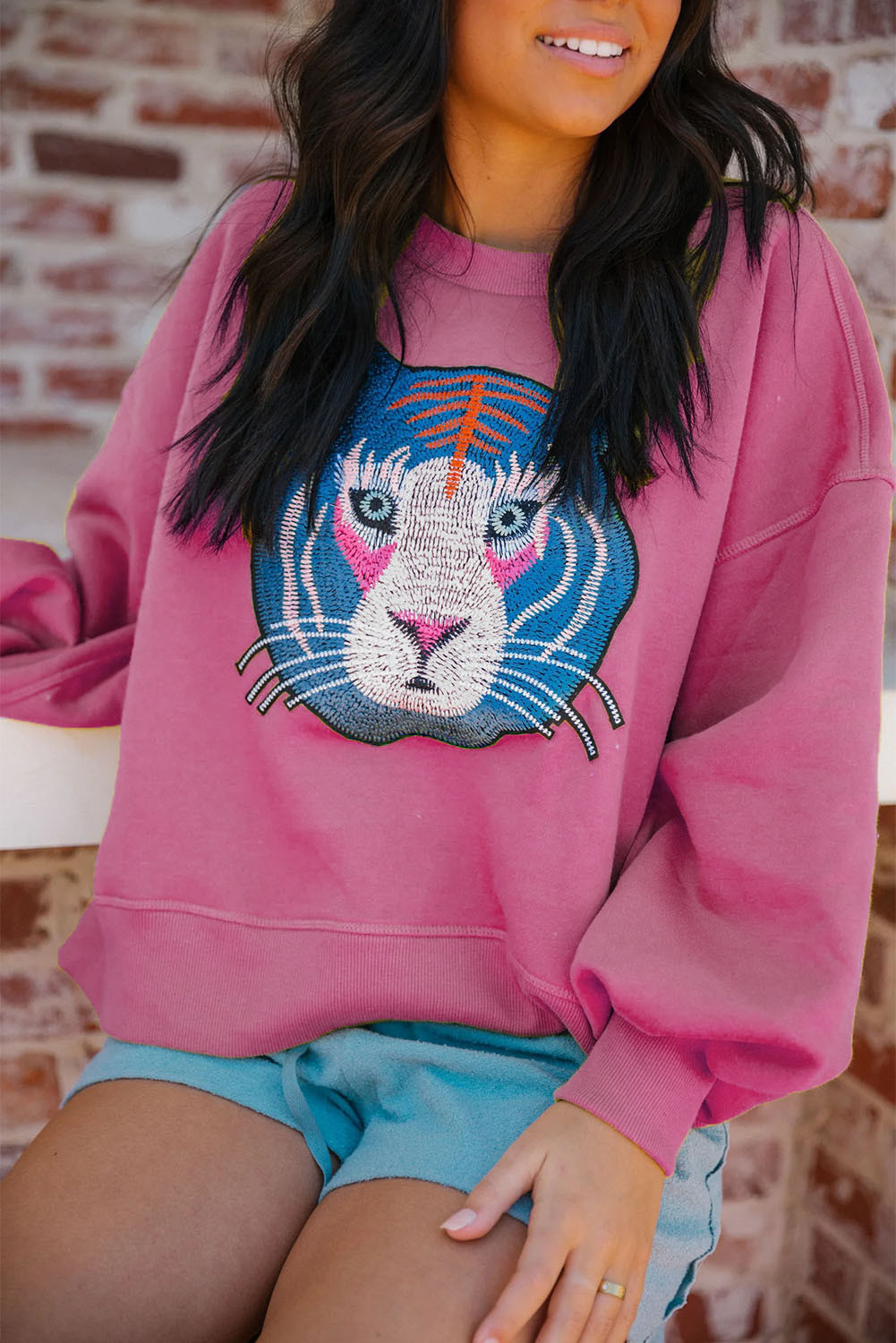 Rose Tiger Embroidered Ribbed Trim Sweatshirt