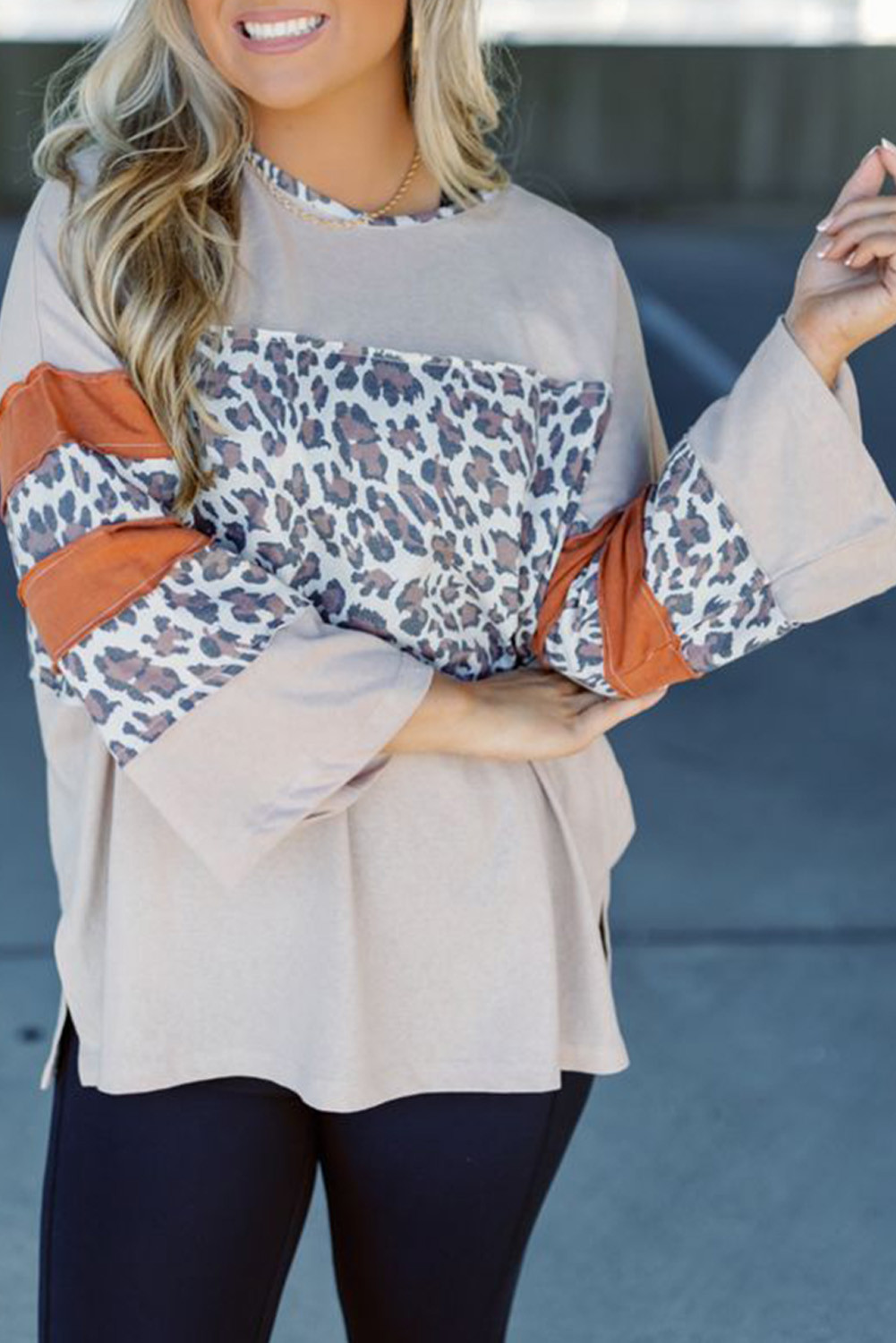 Khaki Leopard Patchwork Bell Sleeve Loose Fit Top
