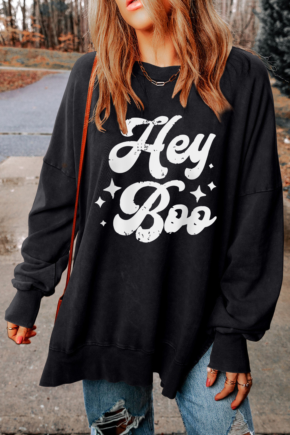 Black Hey Boo Printed Side Split Baggy Sweatshirt