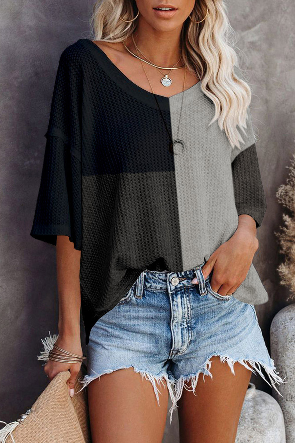 Black Waffle Colorblock Drop Sleeve Oversized Top