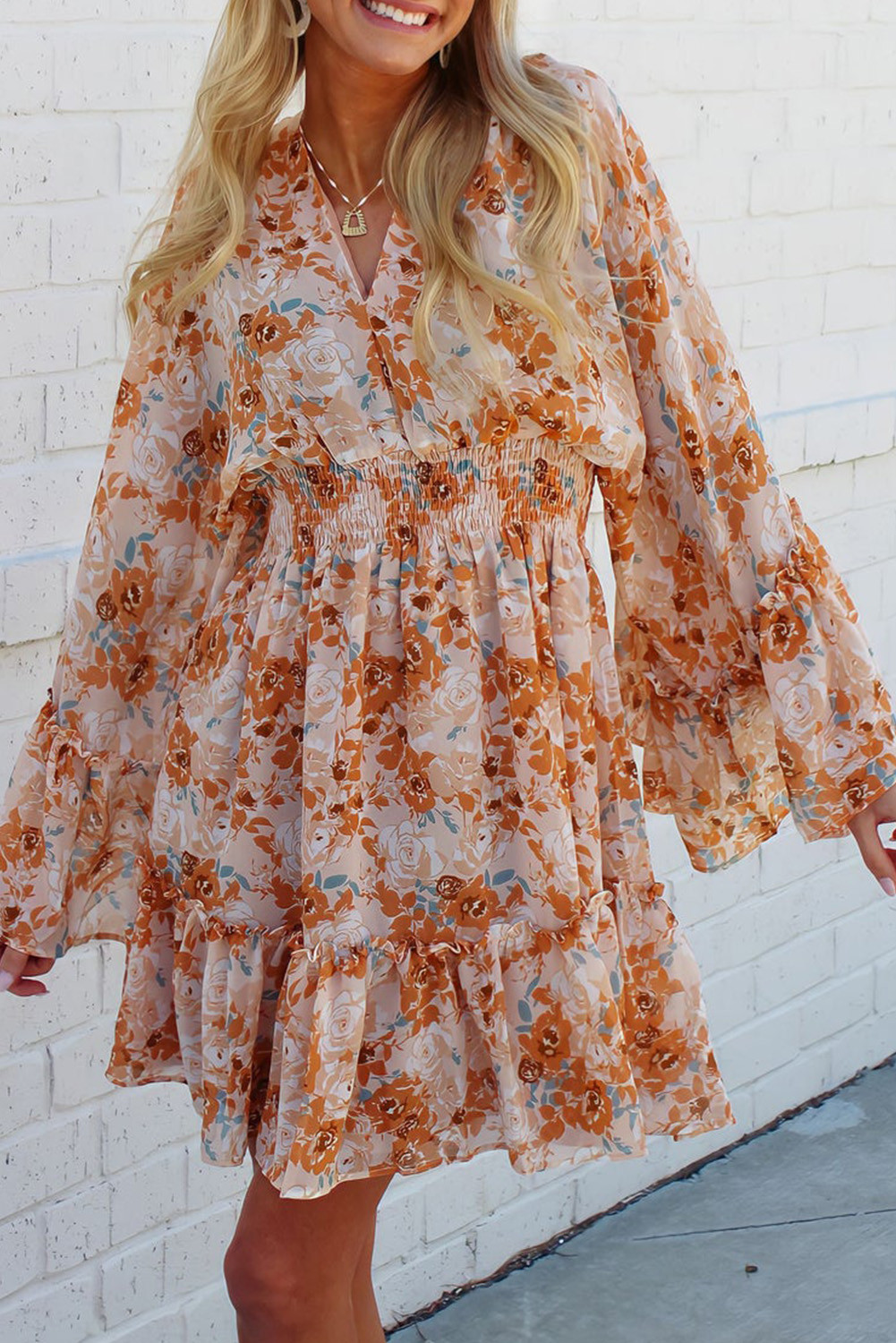 Orange Floral Smocked Waist Dress