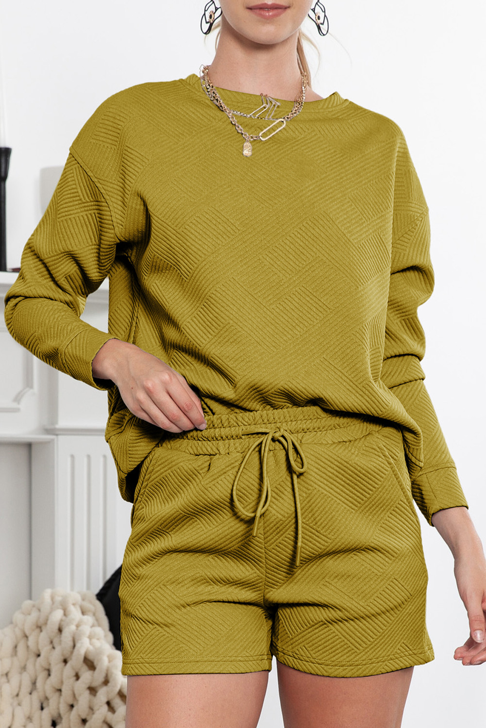 Yellow Textured Long Sleeve Top & Drawstring Shorts Set