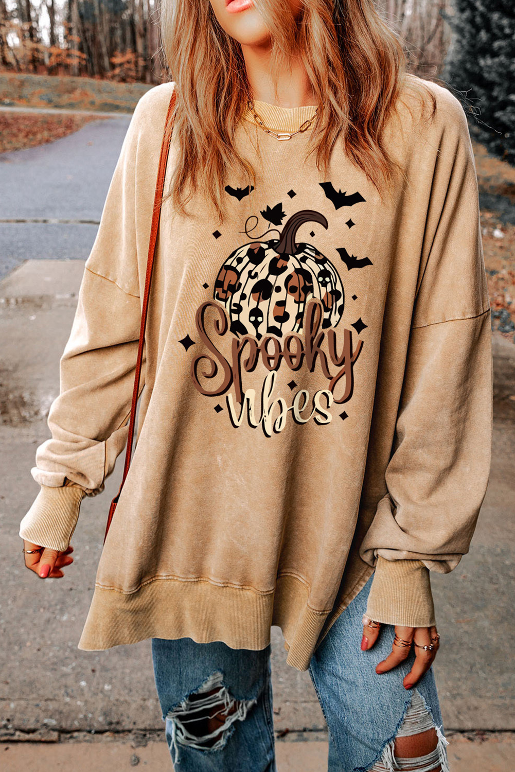 Khaki Halloween Spooky Vibes Pumpkin Print Oversized Sweatshirt