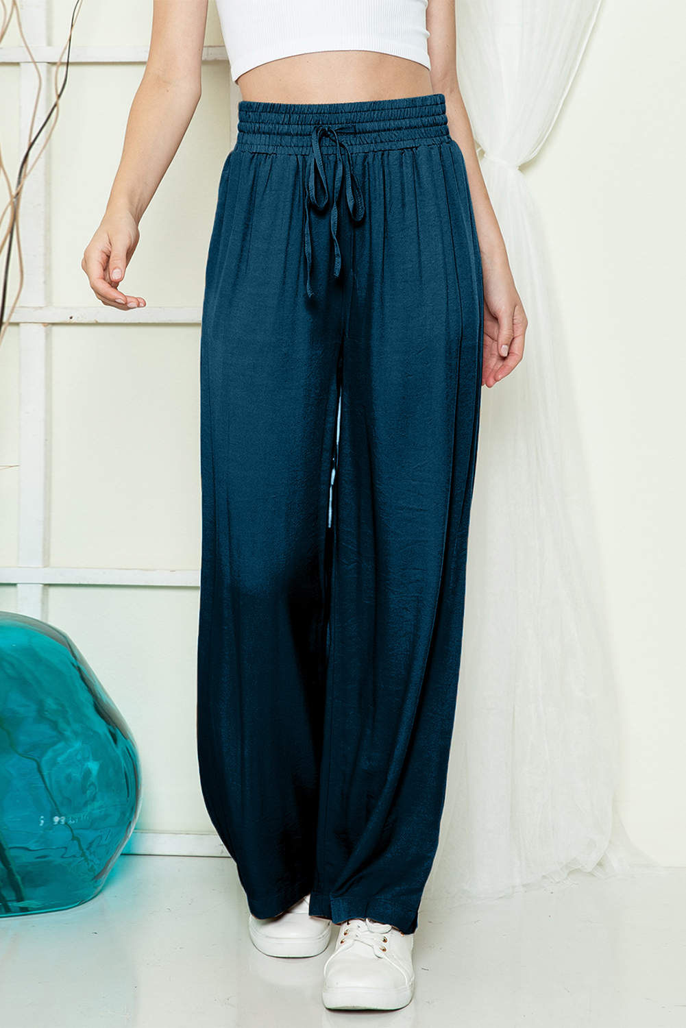 Shewin Wholesale Fashion Blue Casual Drawstring Shirred Elastic Waist Wide Leg PANTS