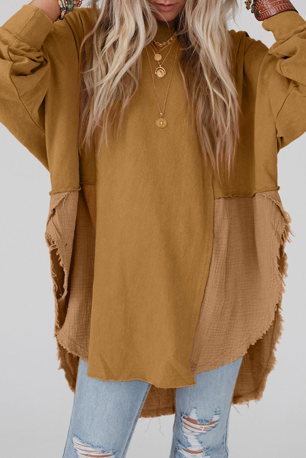 Khaki Crinkled Patchwork Raw Hem Oversized Blouse