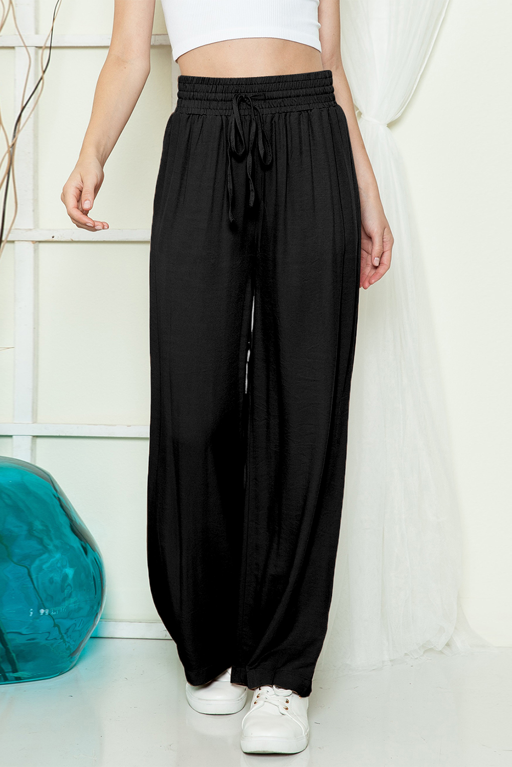 Shewin Wholesale Clothing Black Plain Drawstring Shirred Elastic Waist Wide Leg PANTS