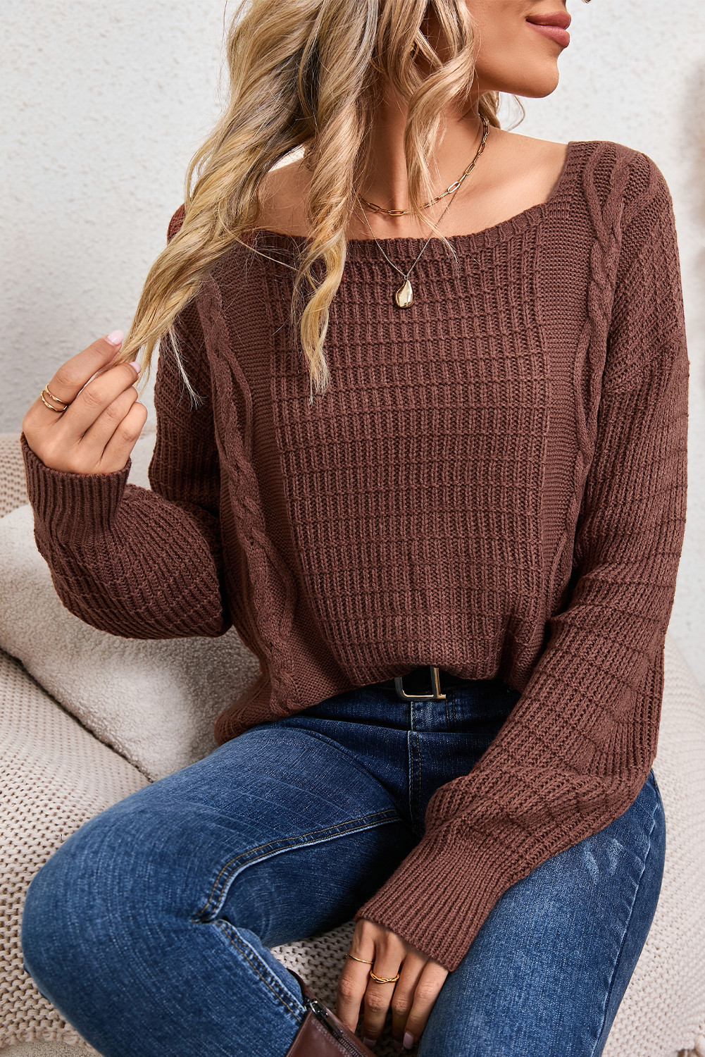 Coffee Solid Color Square Neck Texture Sweater
