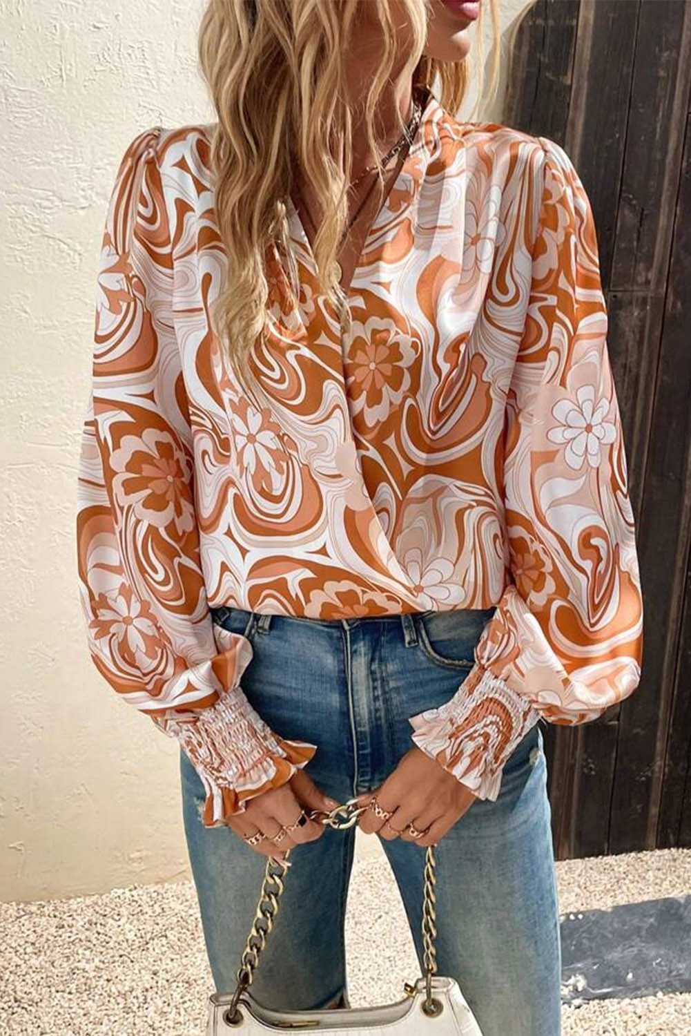 Orange Floral Swirl Printed Bishop Sleeve Surplice Blouse