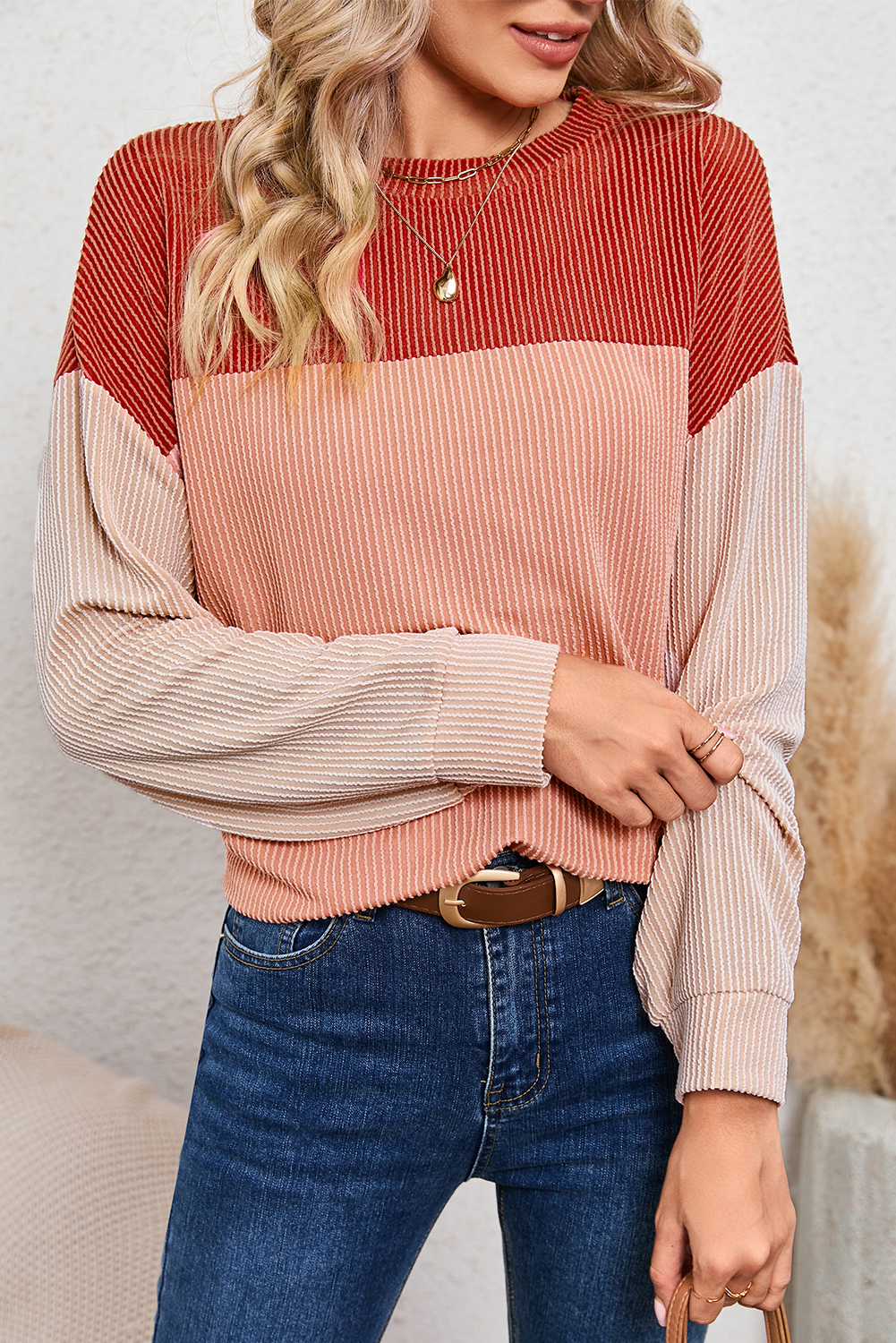 Shewin Wholesale Stores RED Color Block Ribbed Loose Long Sleeve Top