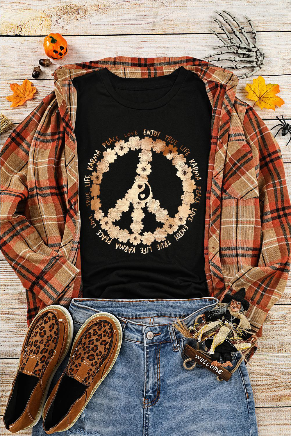 Black Gold Floral & Letter Printed Graphic Tee