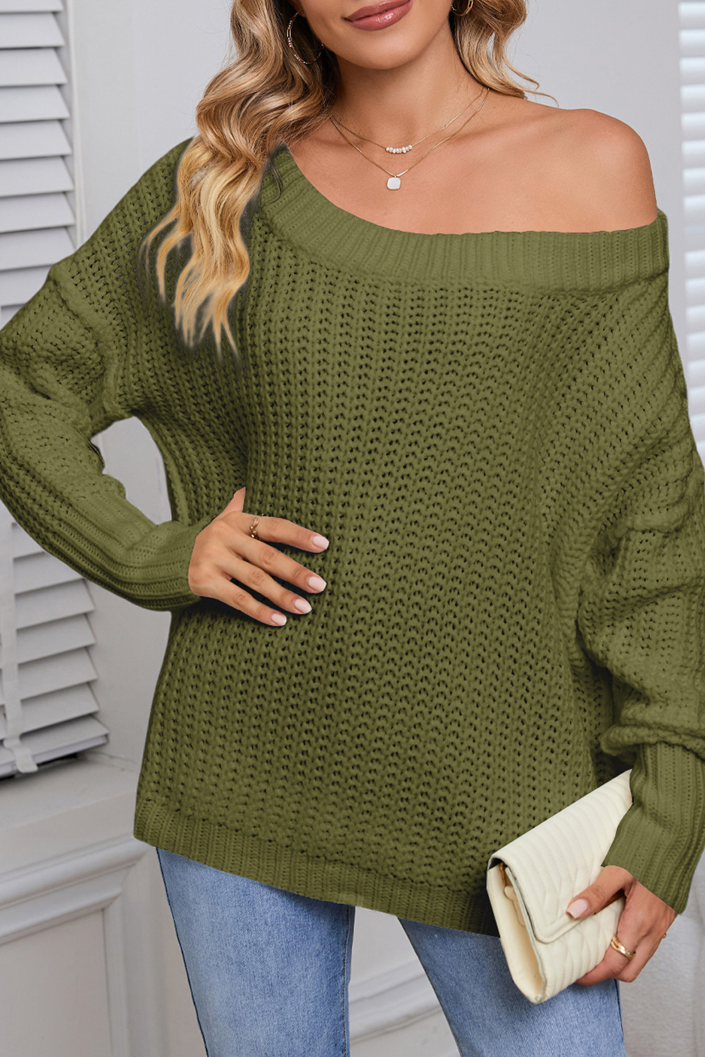 Green Ribbed Knit Round Neck Slouchy Chunky Sweater