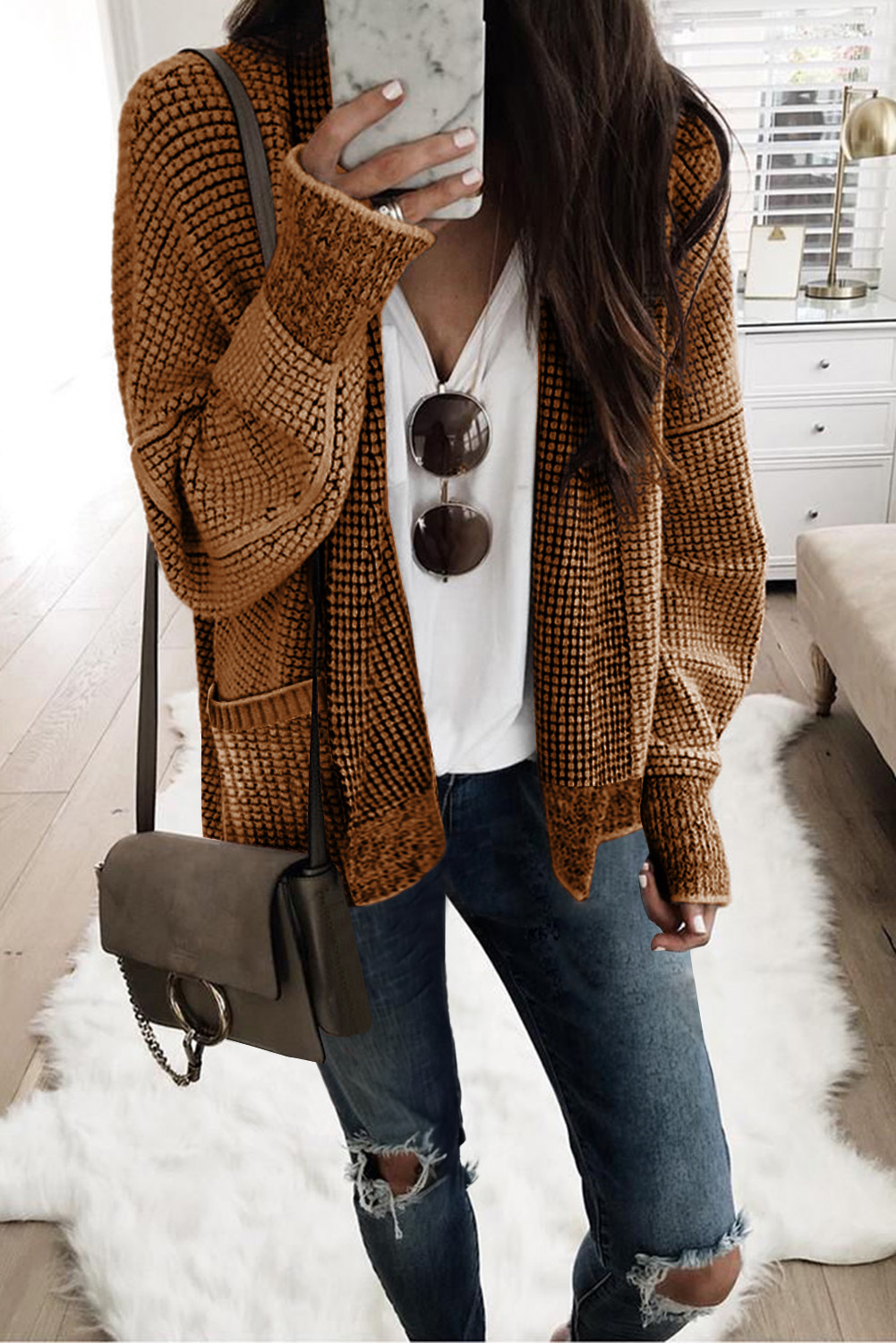 Shewin Wholesale CHIC Women Brown Chunky Knit Pocketed Drop Sleeve Cardigan