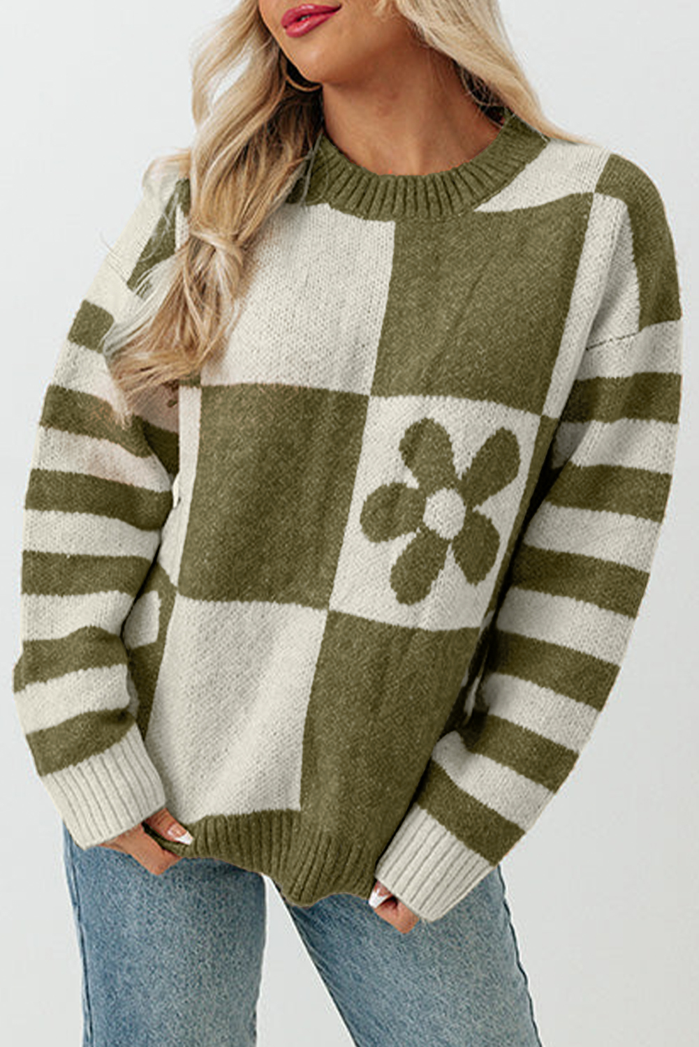 Shewin Wholesale Southern Mist Green Checkered and Striped Knitted Pullover SWEATER