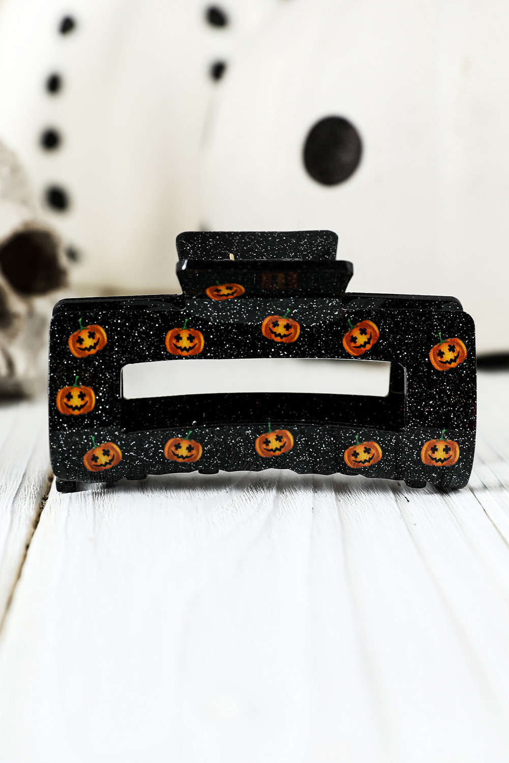 Black Halloween Pumpkin Face Print Square Shark Clip
