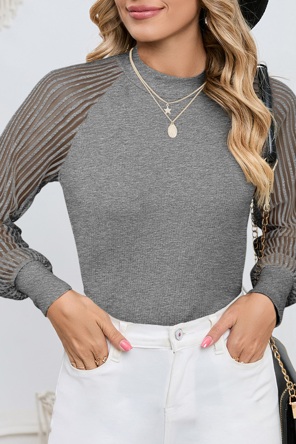 Shewin Wholesale WESTERN Clothing  Gray Basic Crew Neck Dressy Striped Mesh Long Sleeve Top