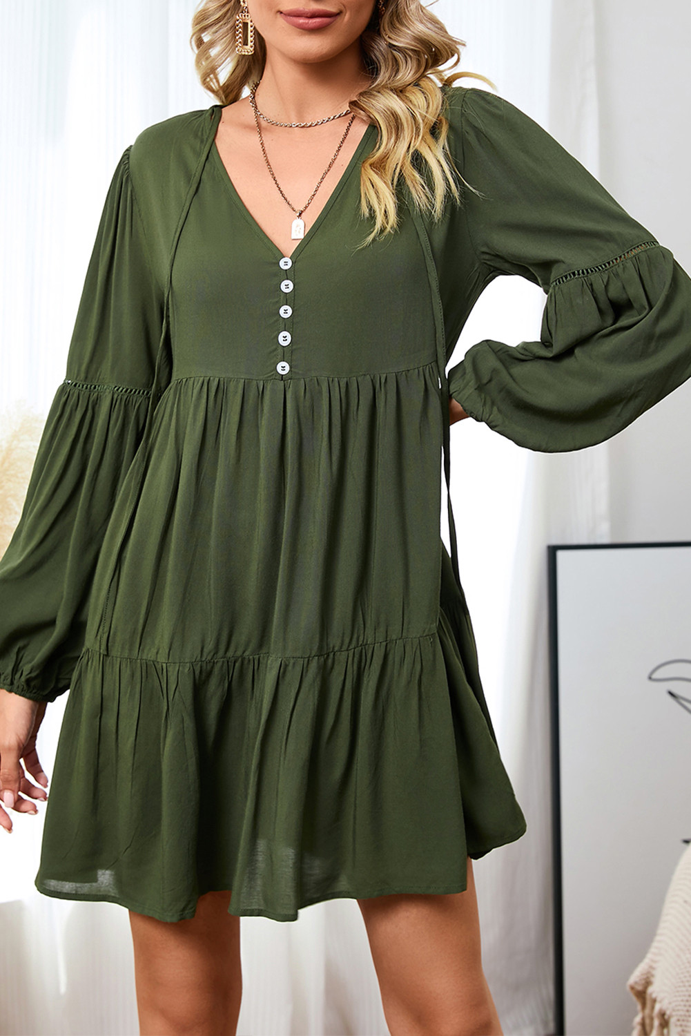 Green Bishop Sleeve Tie Front Tiered Pleated Short Dress