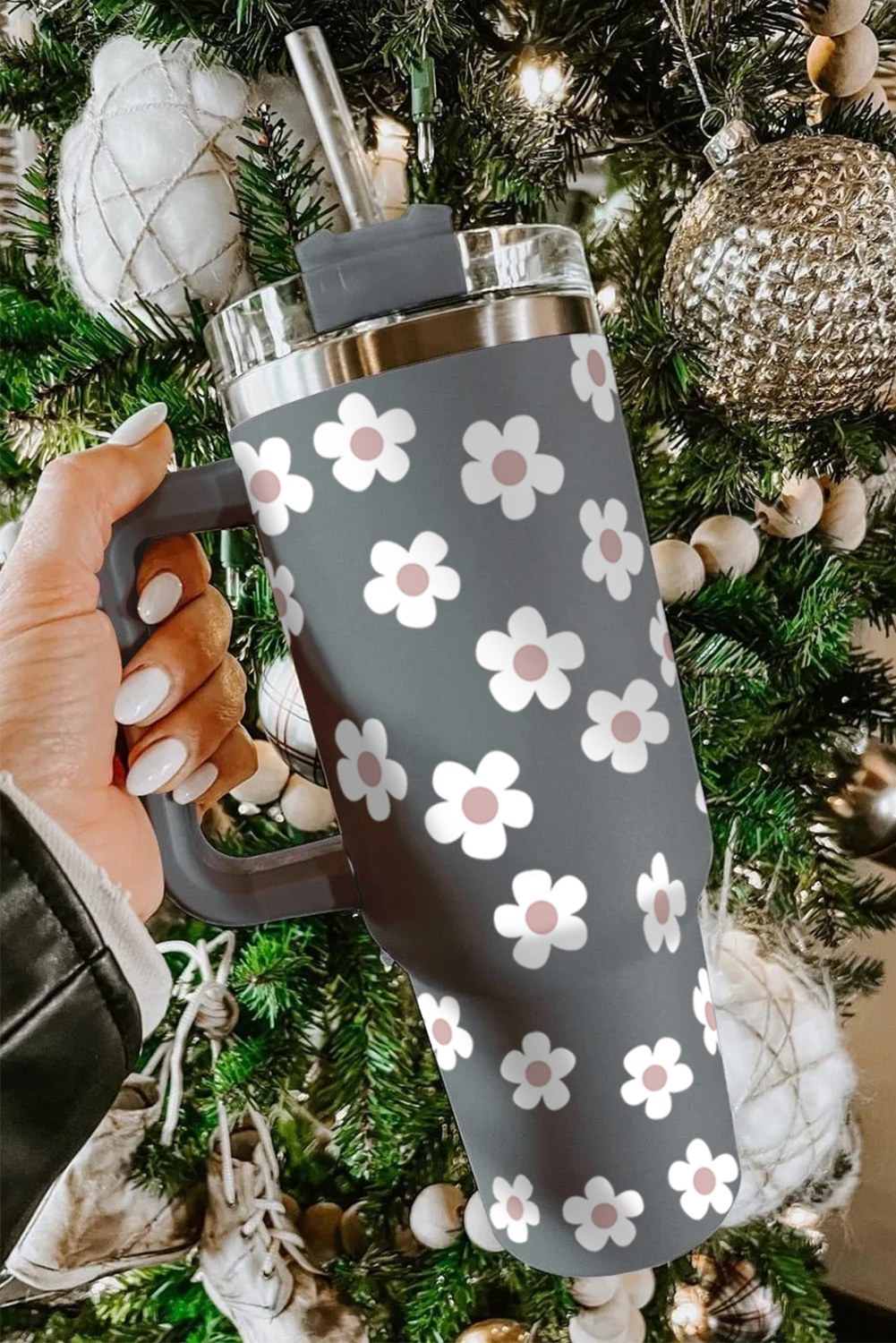 Shewin Wholesale Southern CLOTHING  Dark Grey Floret Print Stainless Tumbler With Lid And Straw
