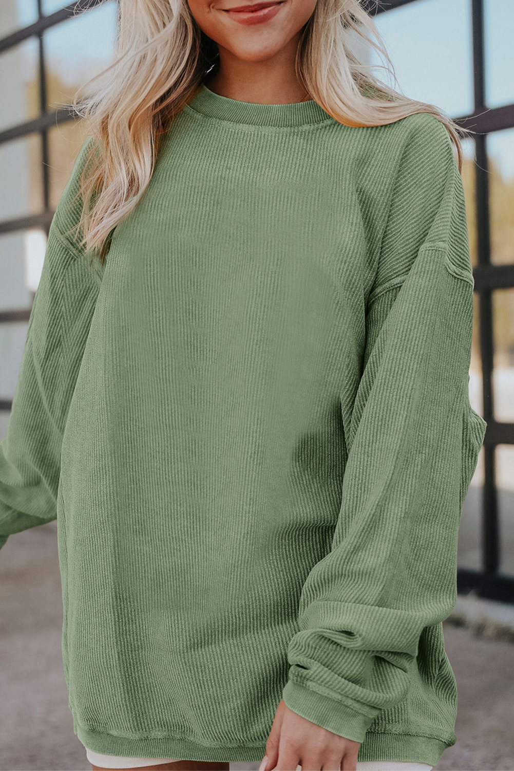 Shewin Wholesale Southern Clothing  Grass Green Ribbed Drop Shoulder Oversized Sweatshirt