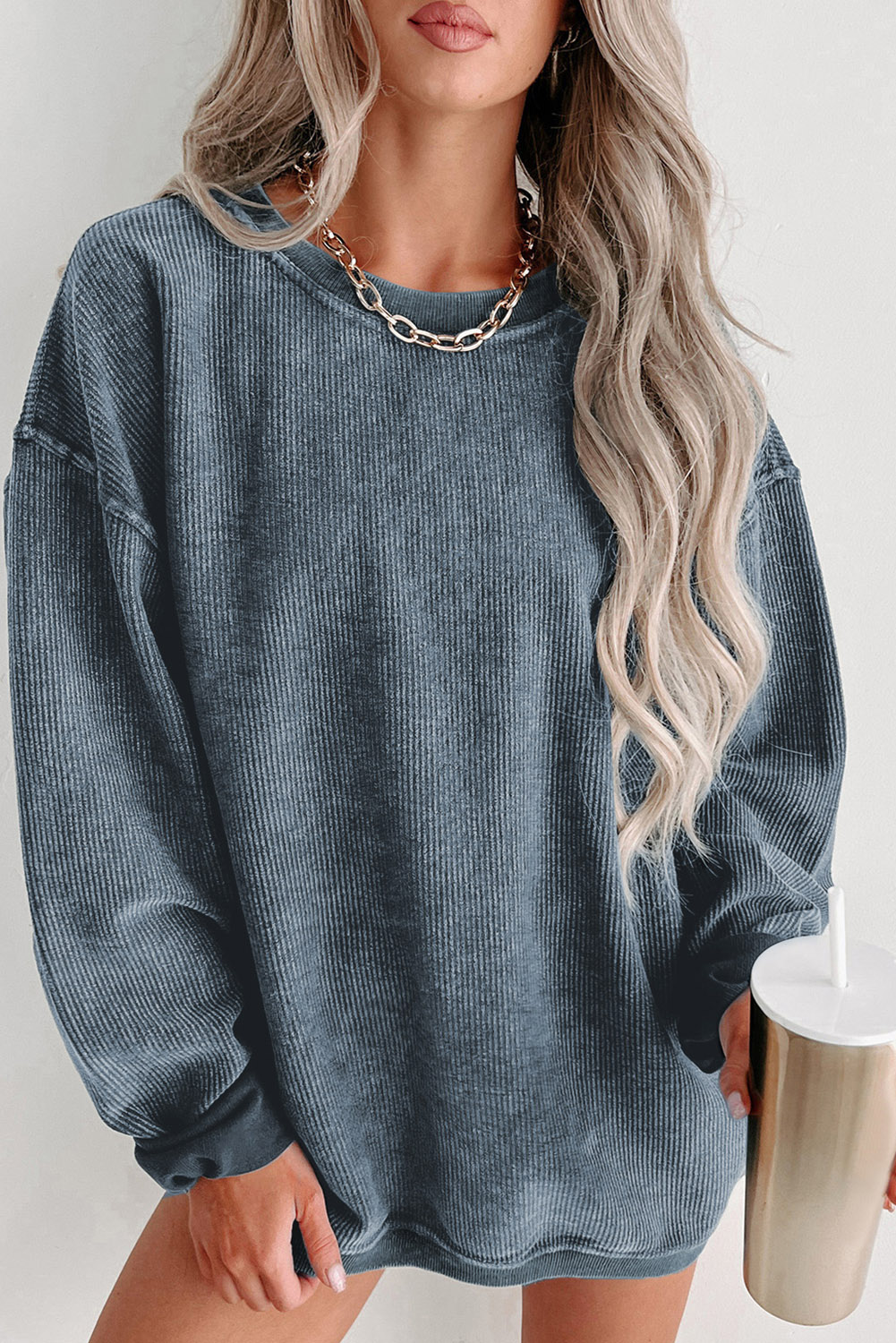 Shewin Wholesale Southern Clothing  Blue Plain Solid Ribbed Knit Round Neck Pullover Sweatshirt