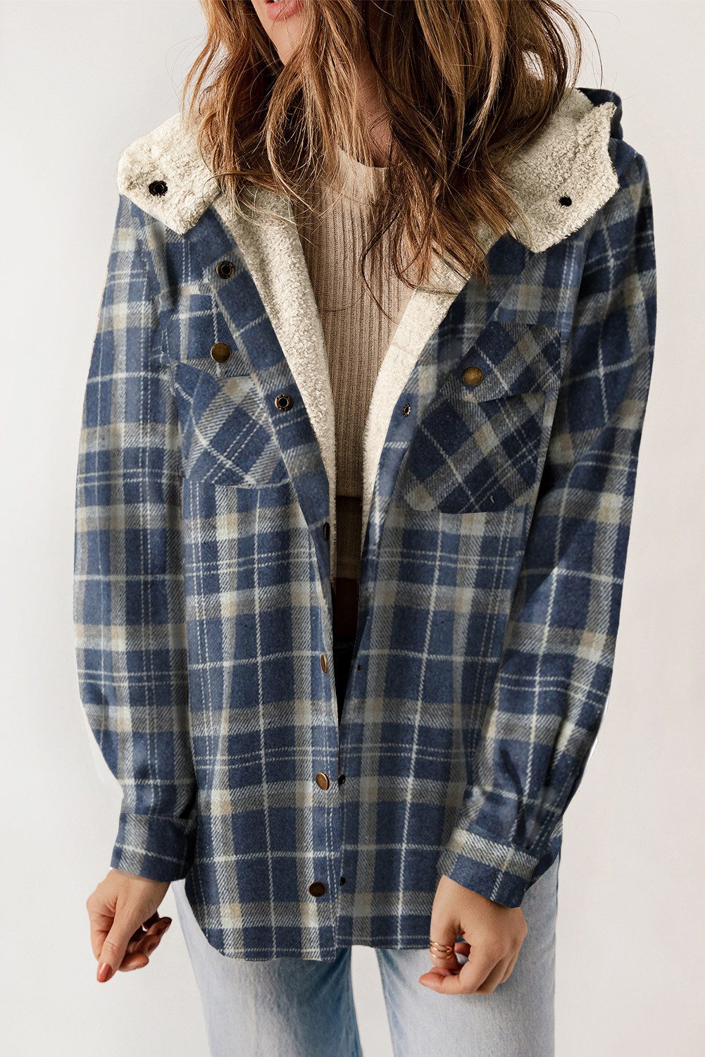 Blue Snap Button Sherpa Lined Hooded Flannel Jacket