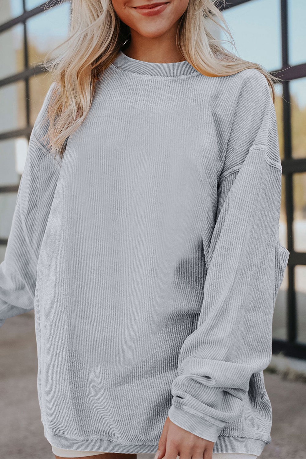 Shewin Wholesale Southern Clothing  Light Grey Drop Shoulder Ribbed Oversized Sweatshirt