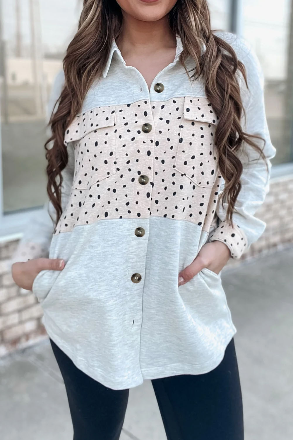 Gray Spotted Print Patchwork Pockets Colorblock Shacket