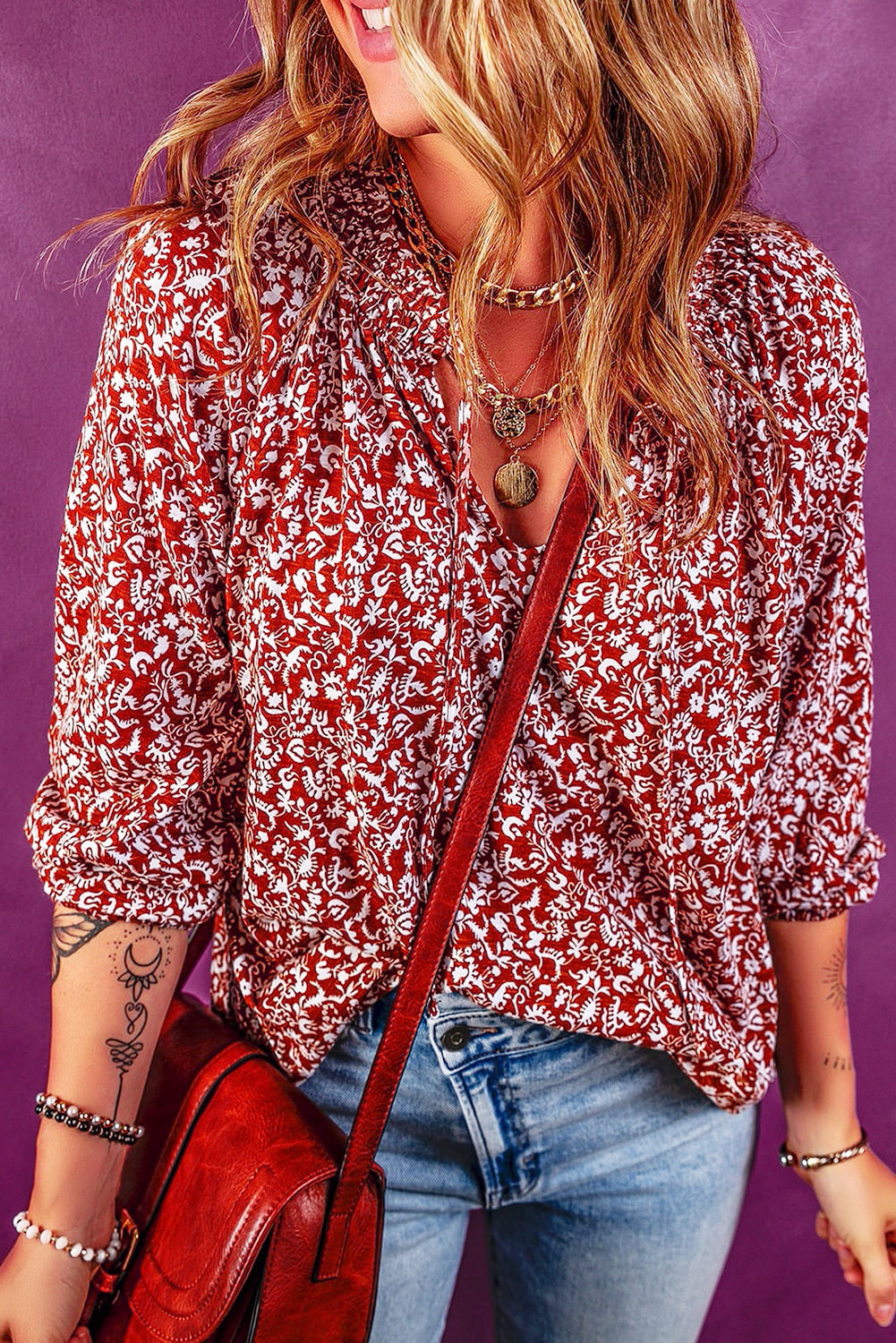 Biking Red Ditsy Floral Print Frilled Tie Neck Blouse