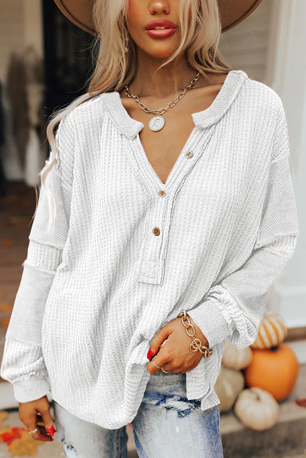 Bright White V Neck Splicing Waffle Knit Henley Top