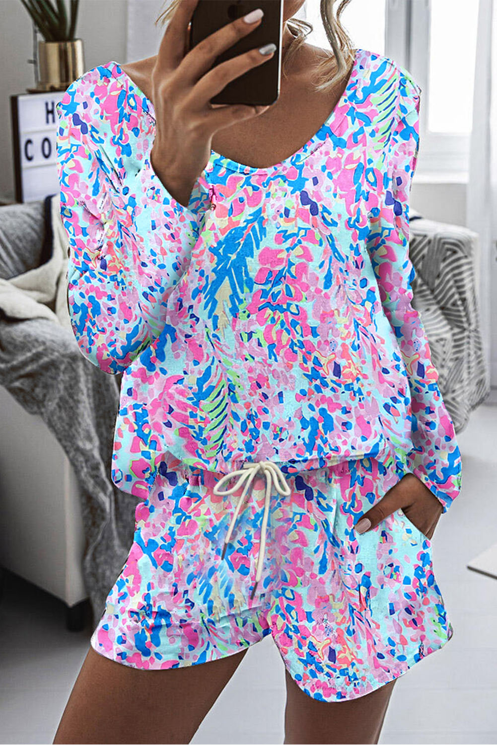 Shewin Wholesale Southern Clothing  Multicolour Floral Print Long Sleeve Pullover and SHORTS Lounge 