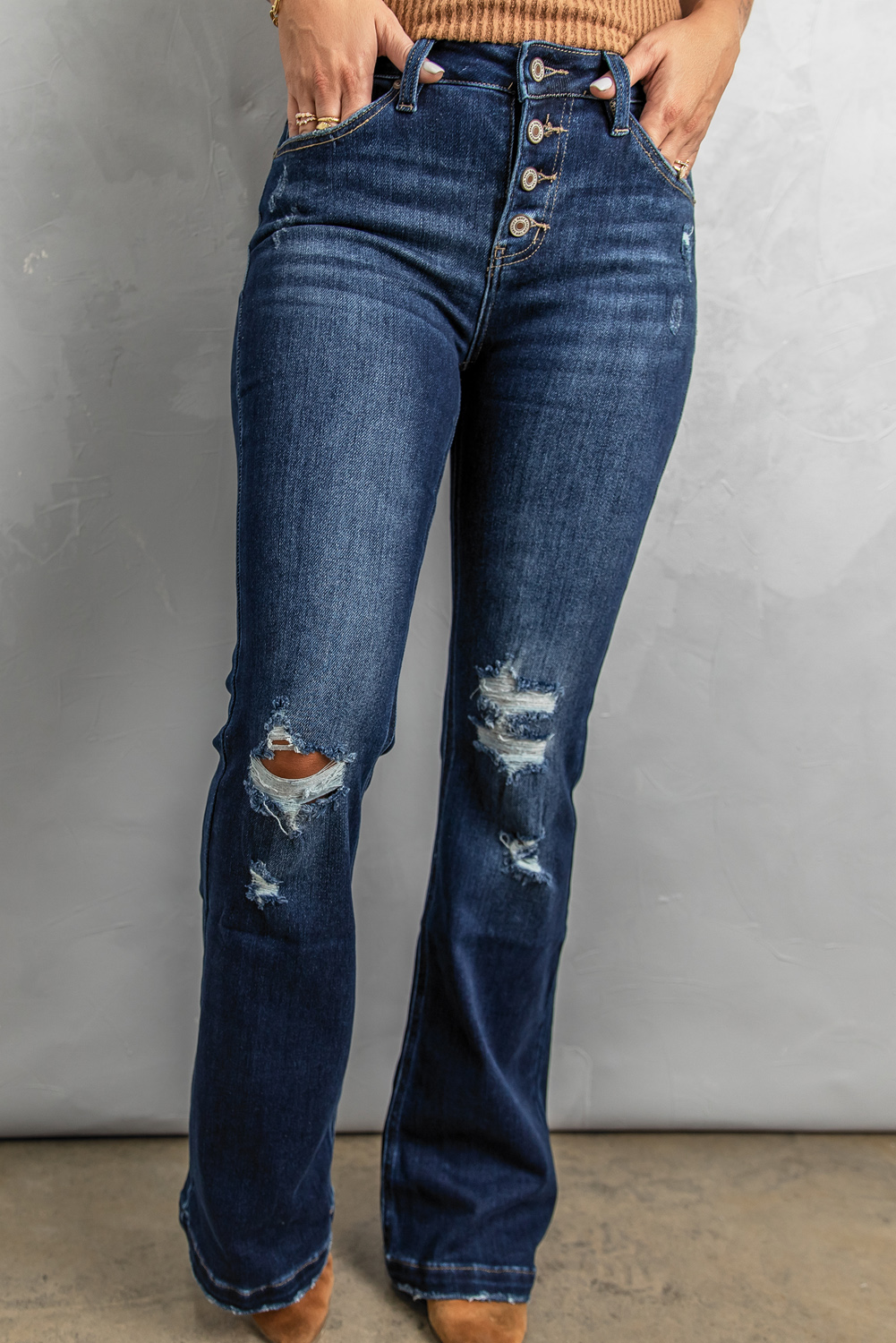 Shewin Wholesale Women Clothes Dark Blue Washed Distressed Flare Bootcut JEANS
