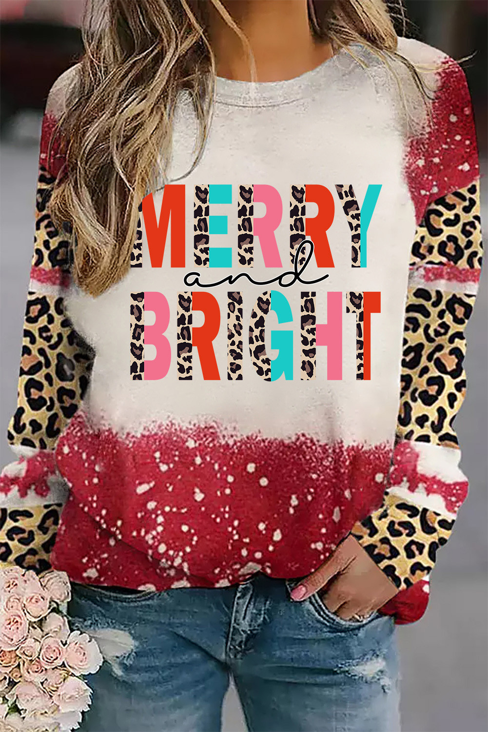 Red MERRY and BRIGHT Leopard Print Crew Neck Graphic Top