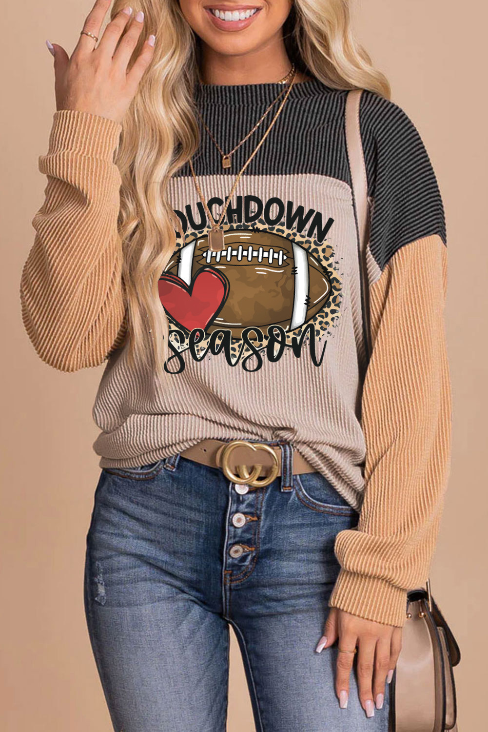 Black TOUCHDOWN SEASON Colorblock Corded Graphic Blouse