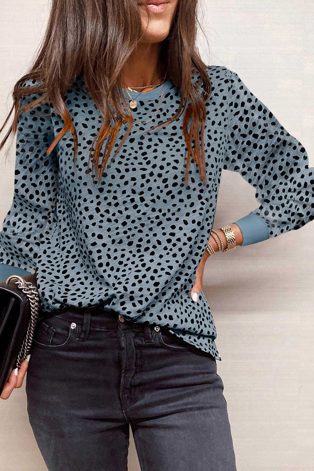 Gray Animal Spotted Print Round Neck Long Sleeve Top