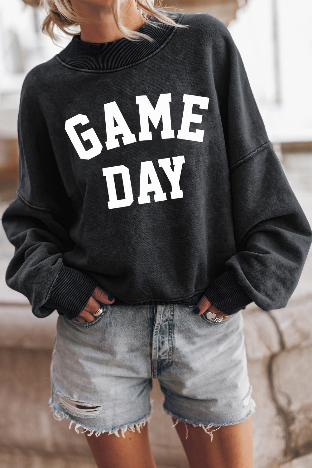 Black Game Day Drop Sleeve Ribbed Trim Graphic Sweatshirt
