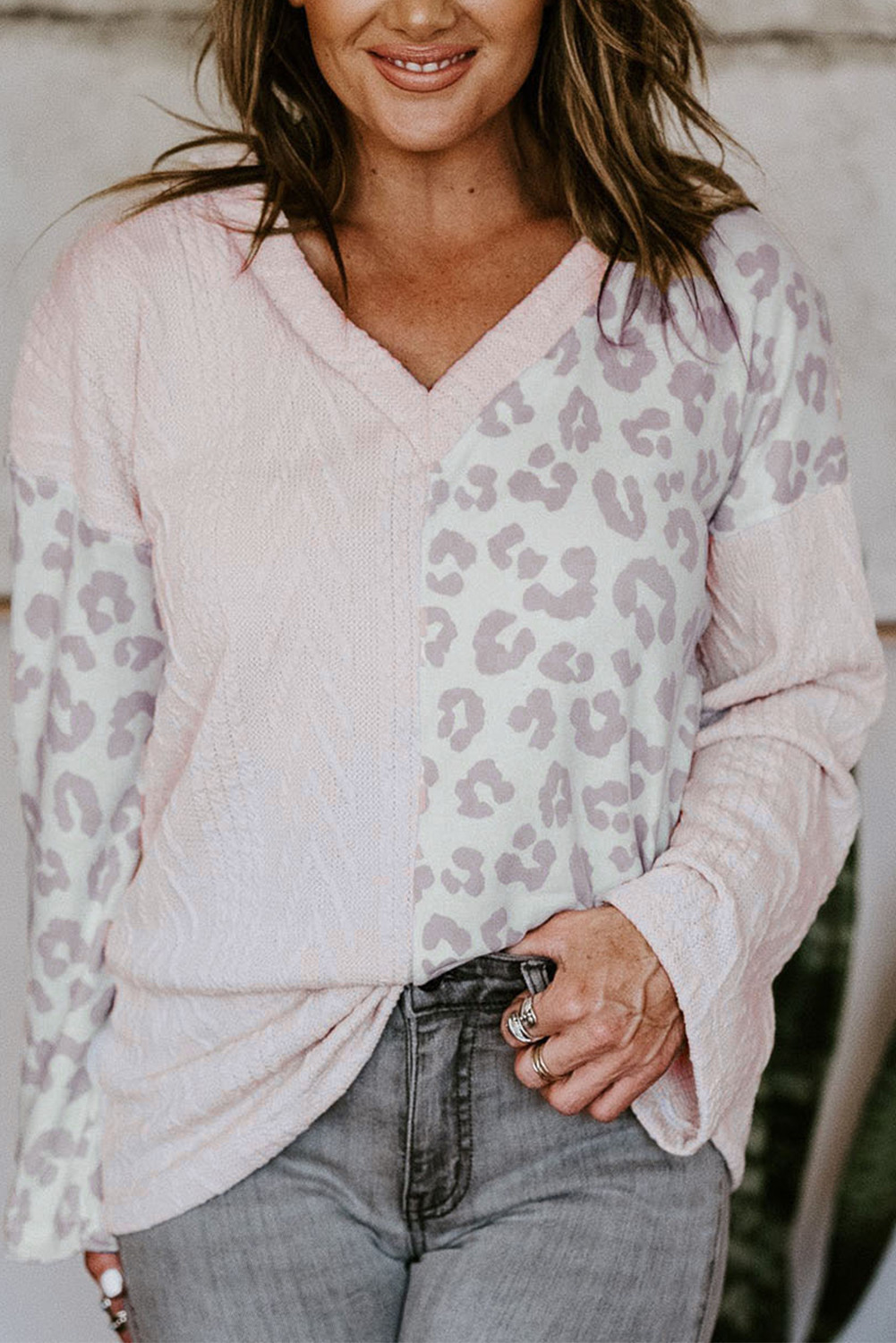 Leopard Splicing Knitted V Neck Plus Size Top