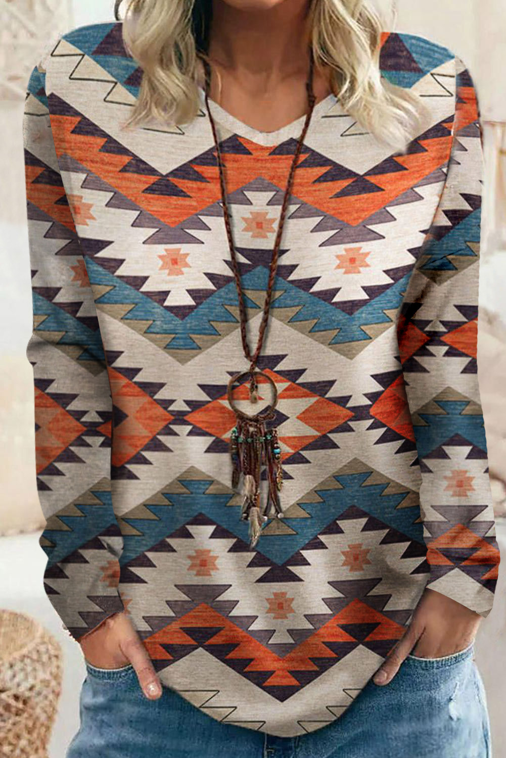 Multicolor Geometric Print V Neck Long Sleeve Top