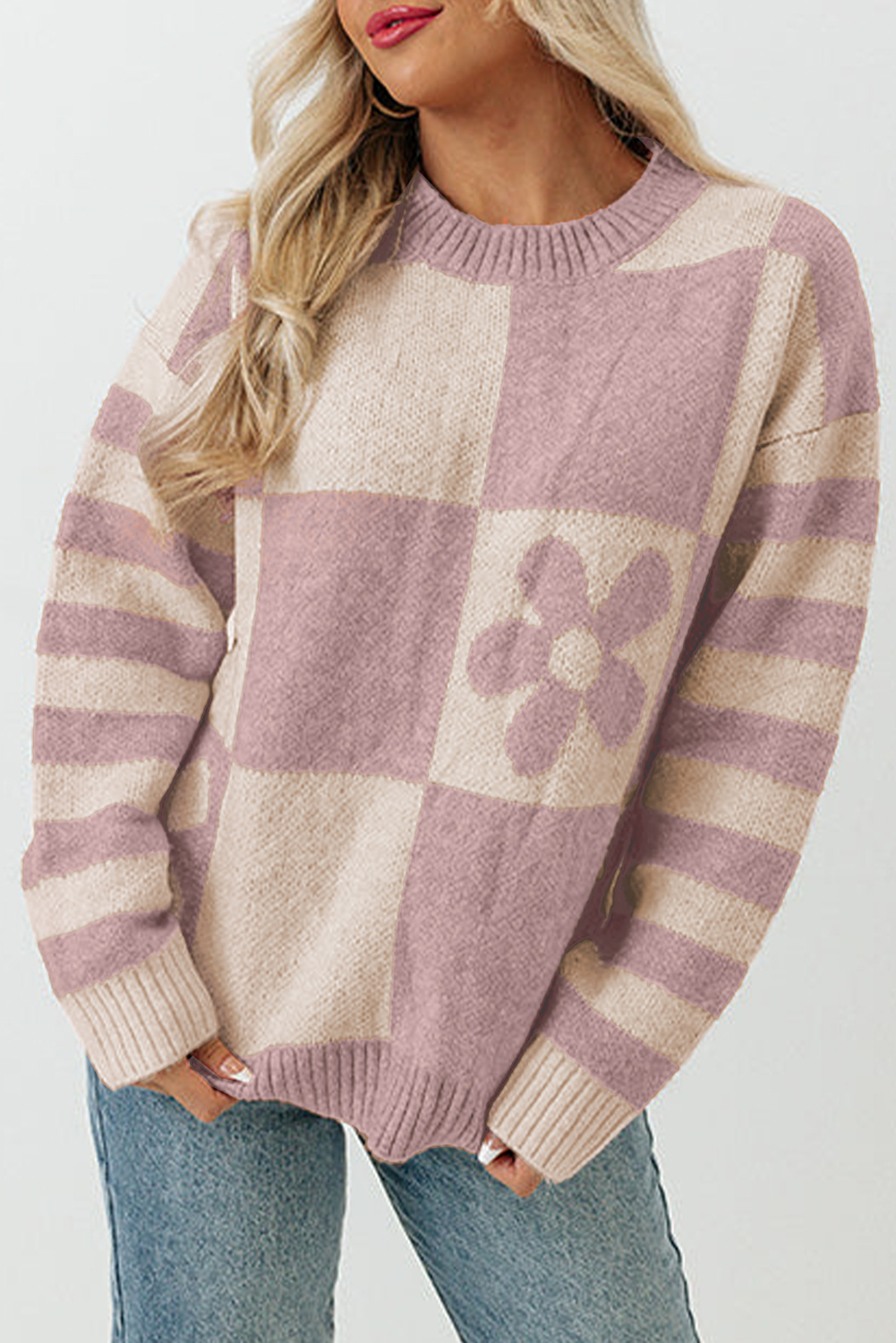 Shewin Wholesale Southern Clothing  Purple Orchid Petal Checkered and Striped Knitted SWEATER