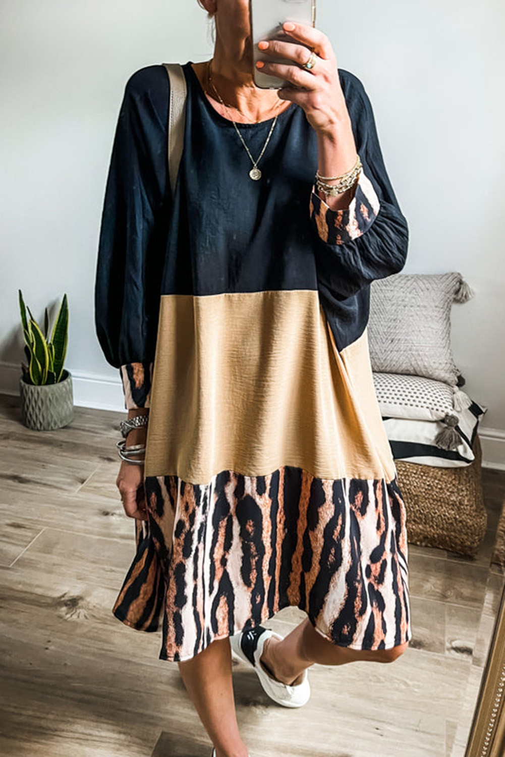 Khaki Animal Print Splicing Tiered Midi Dress