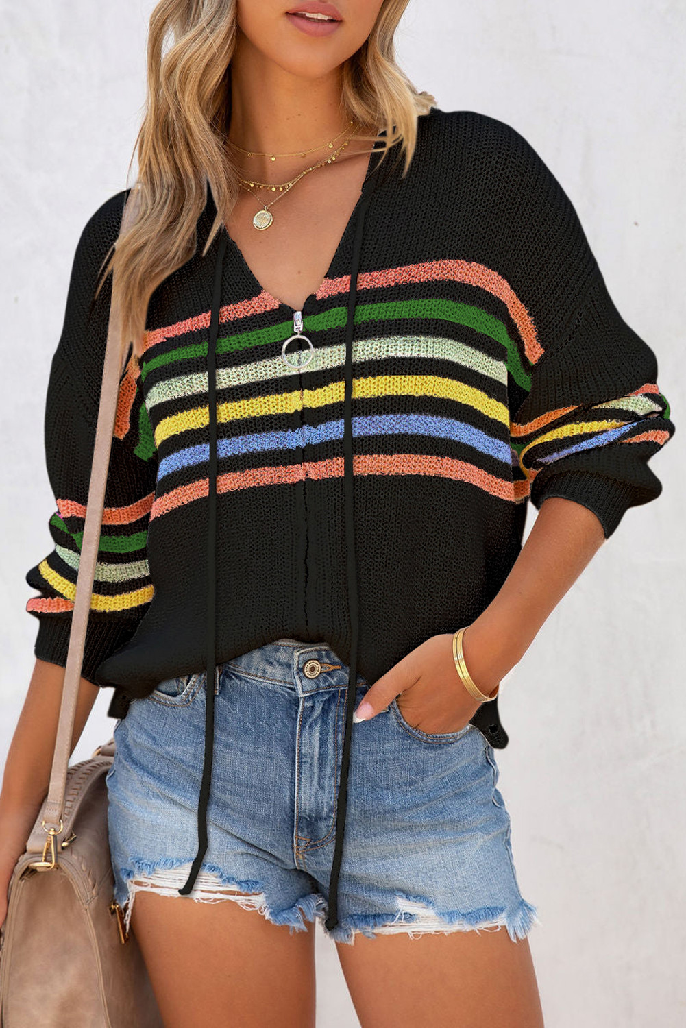 Black Striped Detail Zip Up Hooded Sweater