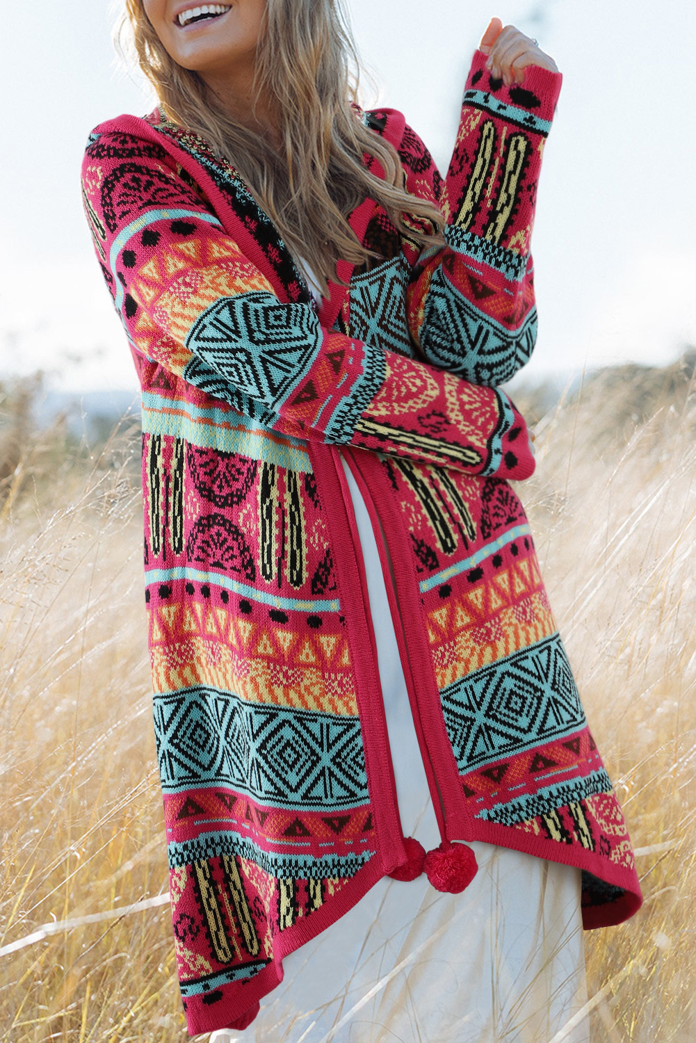 Rose Geometric Pom Pom Tie Hooded Long Cardigan