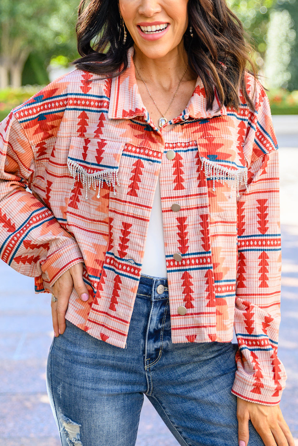 Red Casual Geometric Print Corduroy Jacket