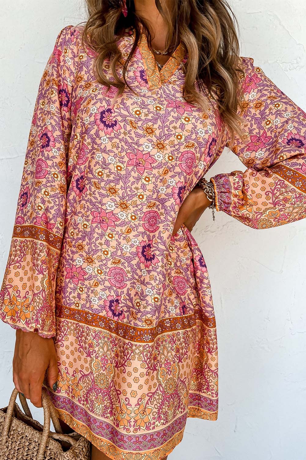 Pink Floral V Neck Puff Sleeve Mini Dress