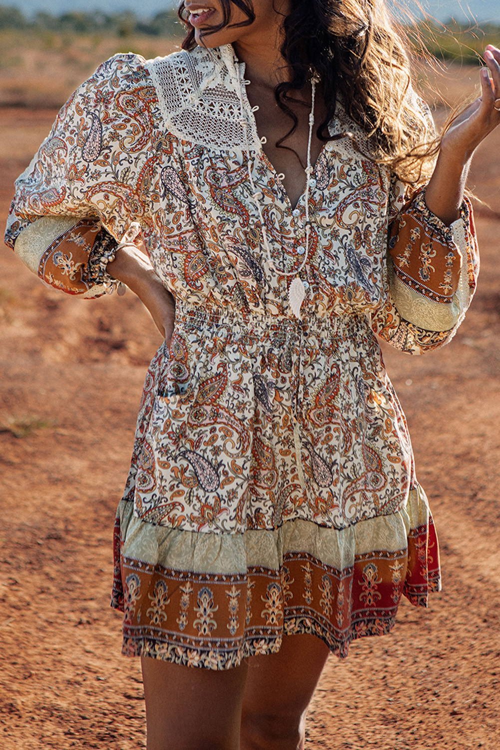 Multicolor Lace Splicing Split Neck Paisley Ruffle Mini Dress