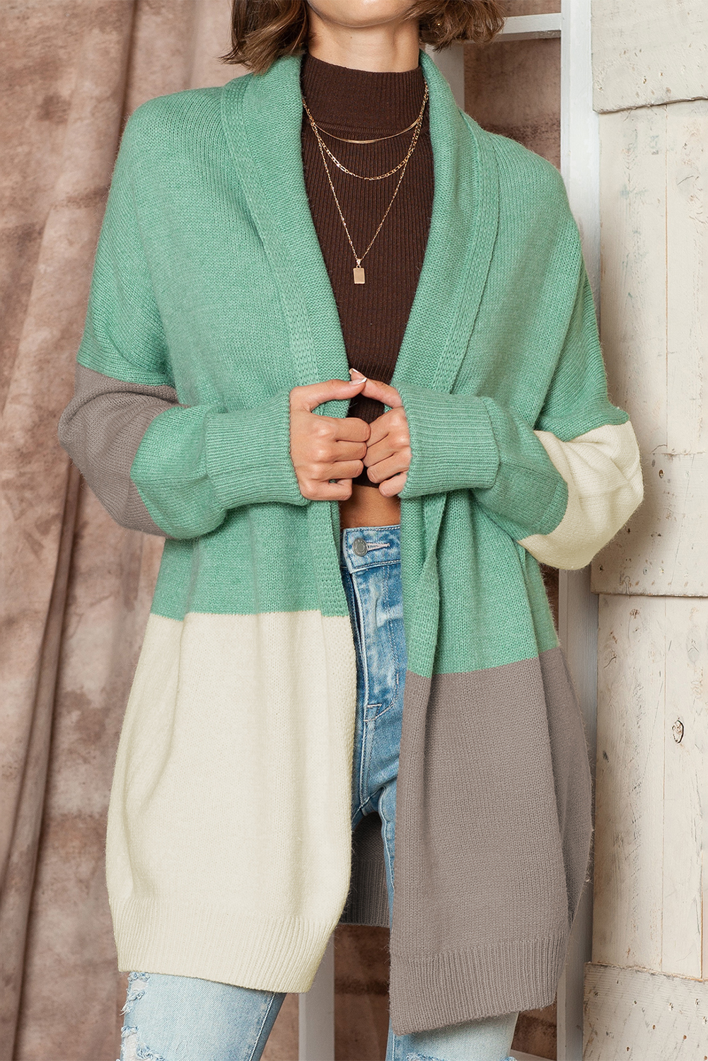 Shewin Wholesale WESTERN Clothing  Green Colorblock Draped Open Front Cardigan
