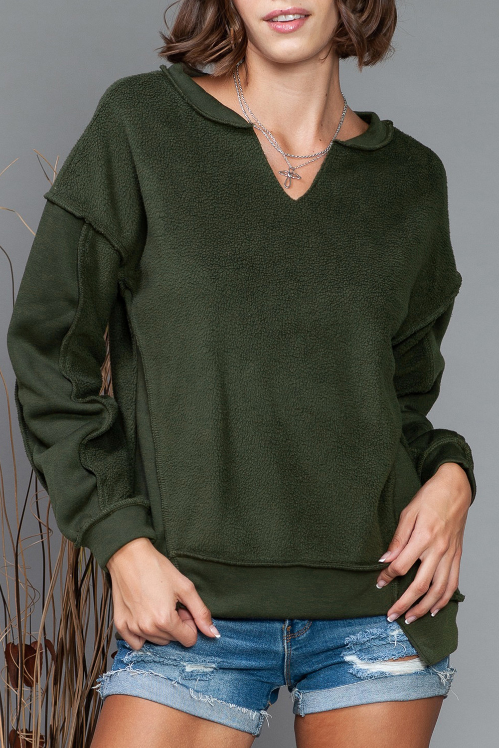 Green Exposed Seam Patchwork V Neck Long Sleeve Top