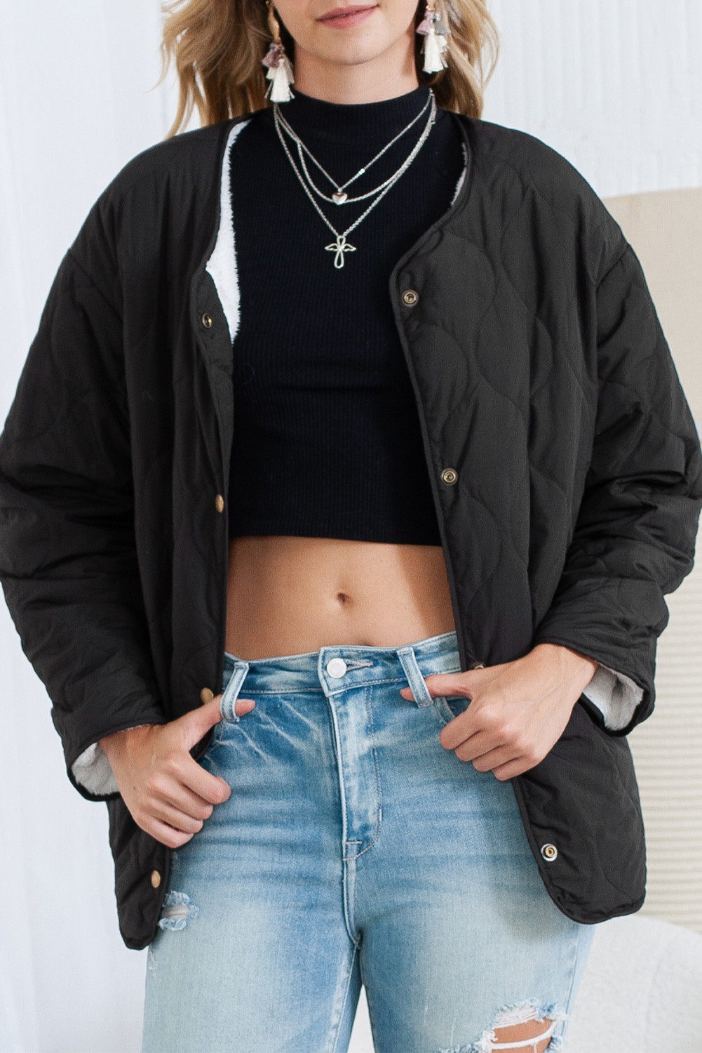 Black Snap Button Furry Reversible Quilted Coat