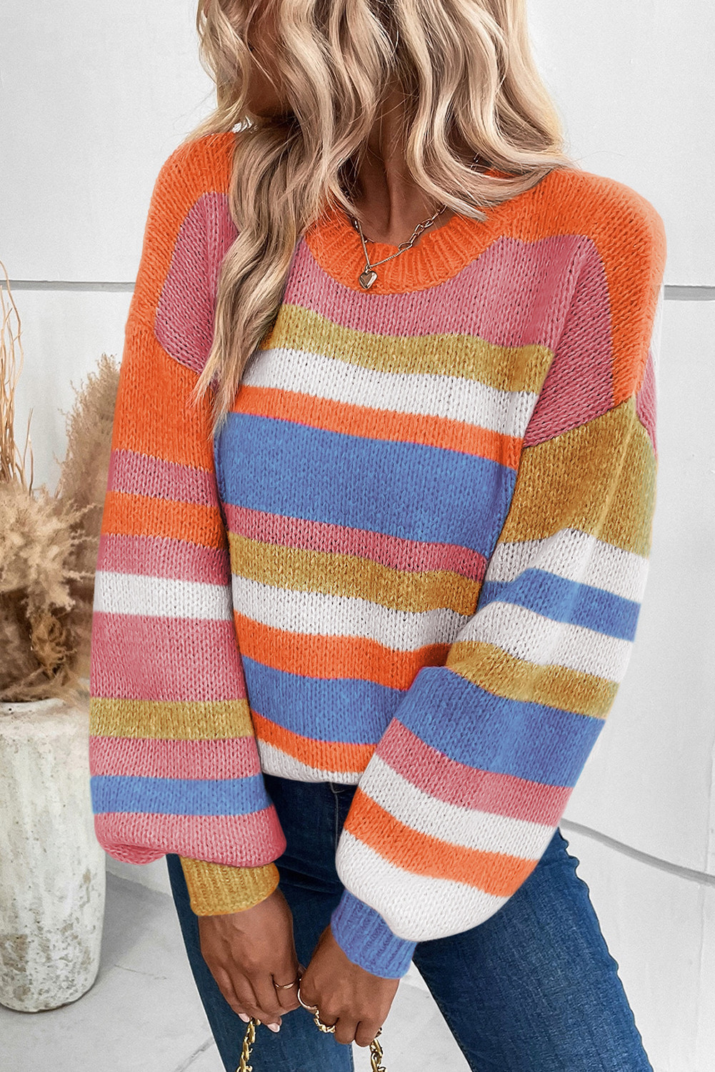Multicolour Striped Knit Drop Shoulder Lantern Sleeve Sweater