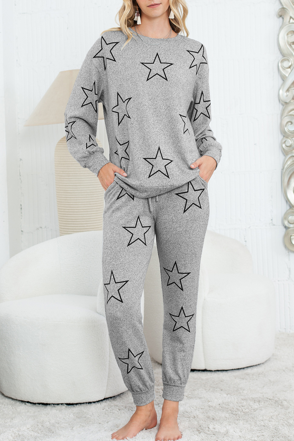 Shewin Wholesale Western Boutique Gray Stars Print Long Sleeve Top and Drawstring PANTS Set